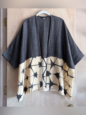Laura Hunter Aster Itajime Shibori Silk Linen Jacket Wrap Cape OS